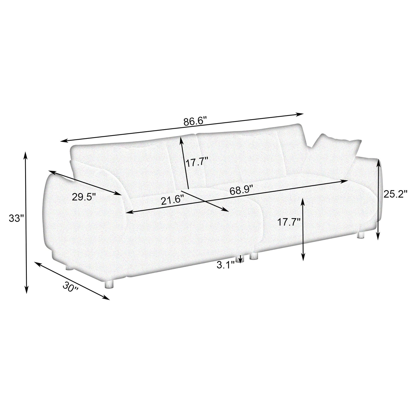 Un canapé en laine verte Teddy de 86,6 pouces avec quatre coussins et des pieds en quincaillerie qui peuvent s'asseoir confortablement dans une chambre d'appartement avec