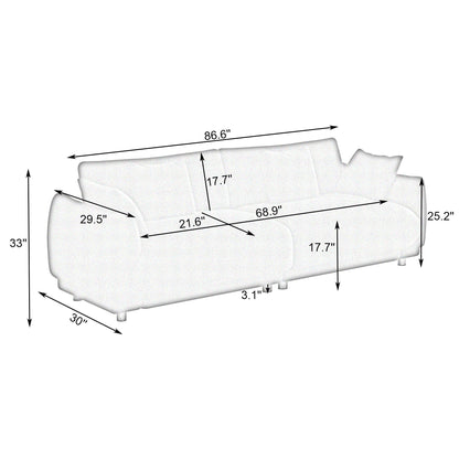 Un canapé en laine verte Teddy de 86,6 pouces avec quatre coussins et des pieds en quincaillerie qui peuvent s'asseoir confortablement dans une chambre d'appartement avec