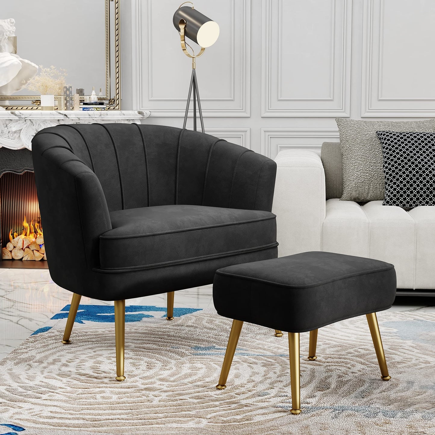 Fauteuil d'appoint Andeworld avec pouf, fauteuil d'appoint simple moderne rembourré, fauteuil de salon club confortable en forme de tonneau