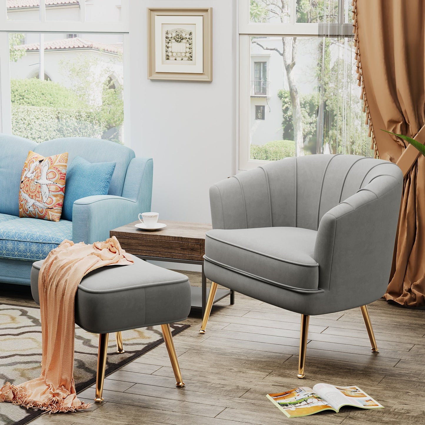 Fauteuil d'appoint Andeworld avec pouf, fauteuil d'appoint simple moderne rembourré, fauteuil de salon club confortable en forme de tonneau