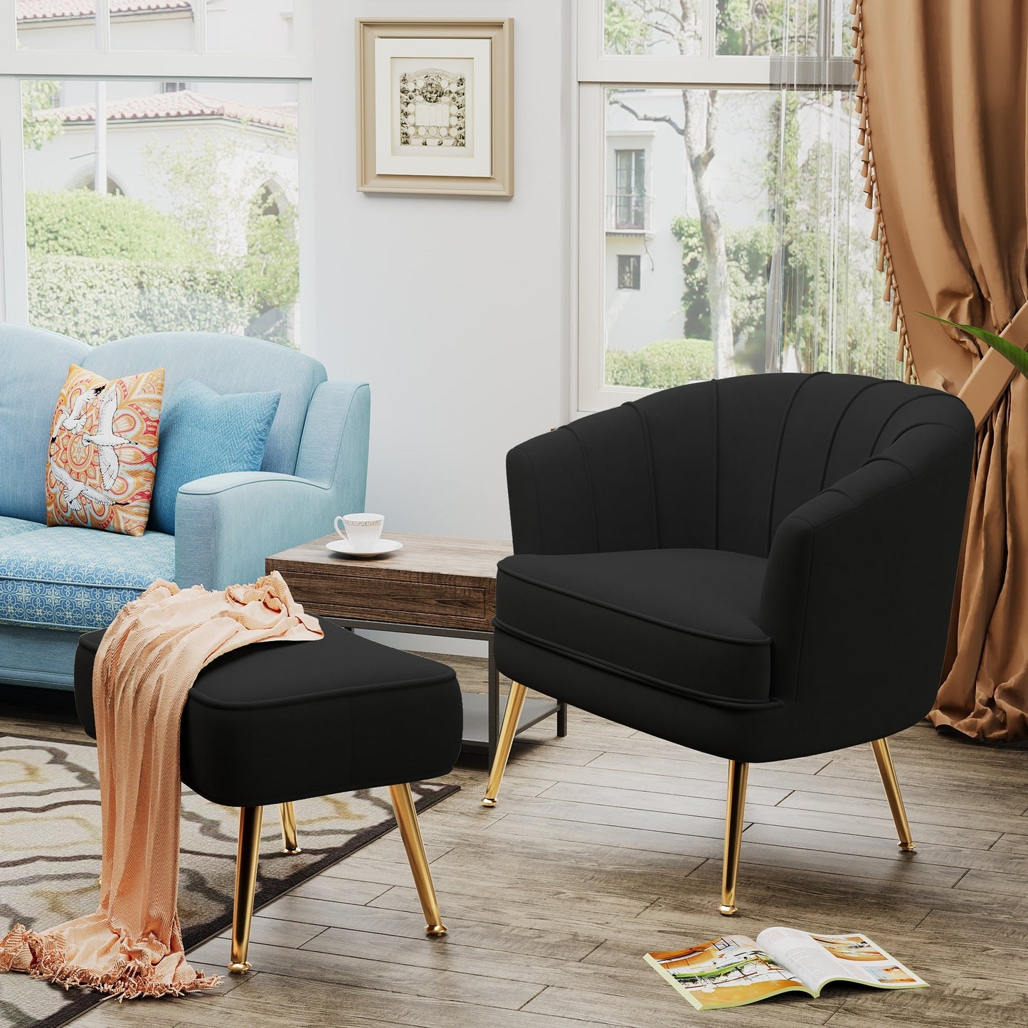 Fauteuil d'appoint Andeworld avec pouf, fauteuil d'appoint simple moderne rembourré, fauteuil de salon club confortable en forme de tonneau