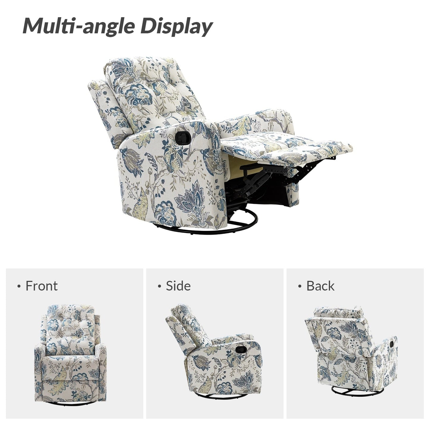 Fauteuil inclinable pivotant manuel Arlette Floral avec dossier capitonné, lot de 2