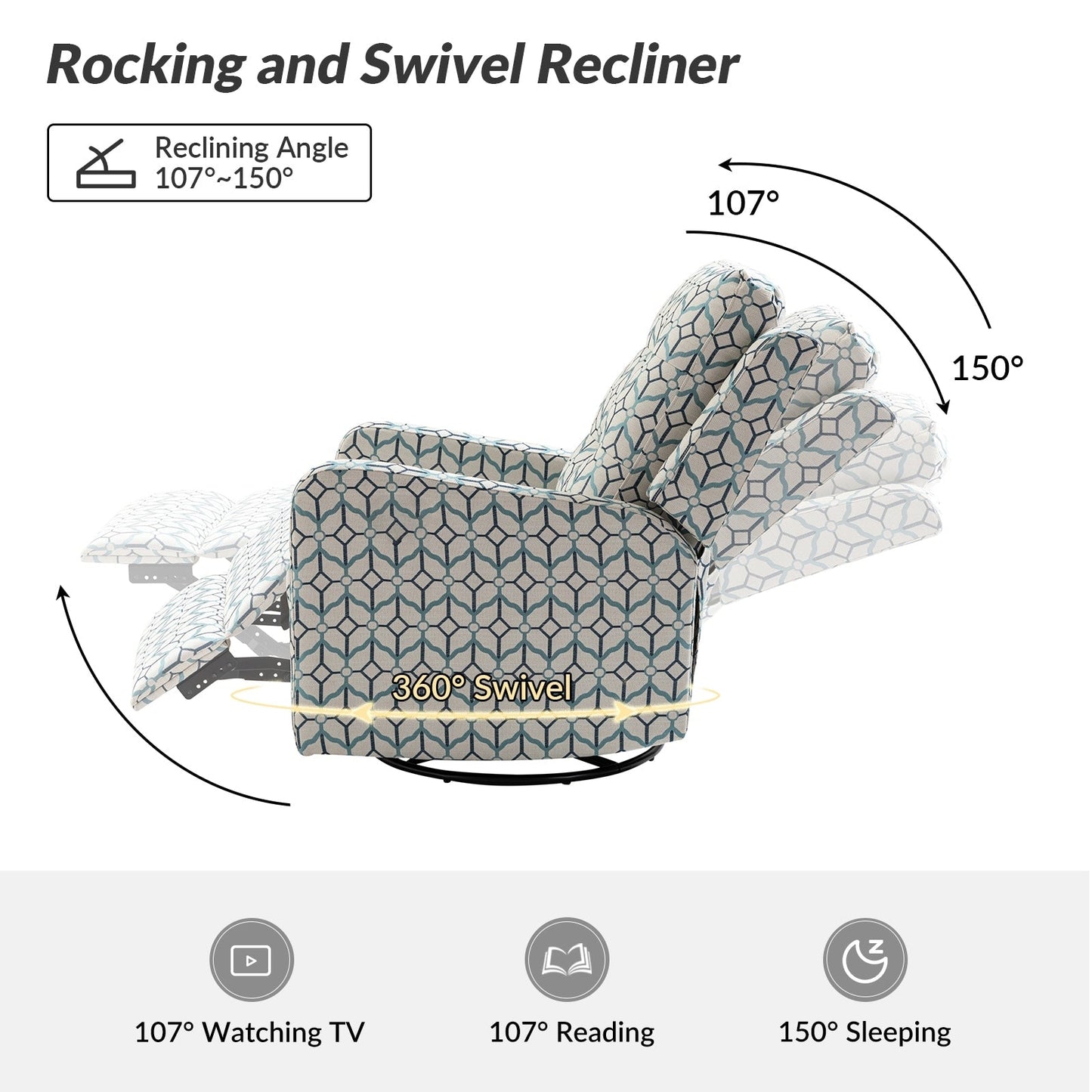 Fauteuil inclinable pivotant manuel Arlette Floral avec dossier capitonné, lot de 2