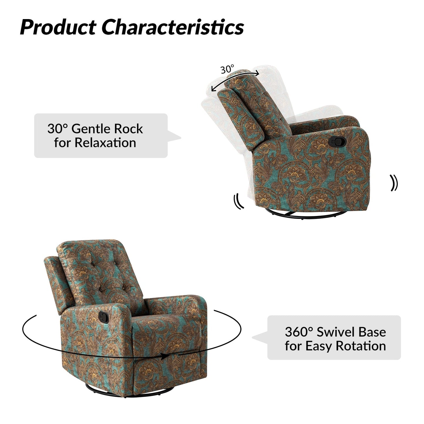 Fauteuil inclinable pivotant manuel Arlette Floral avec dossier capitonné, lot de 2