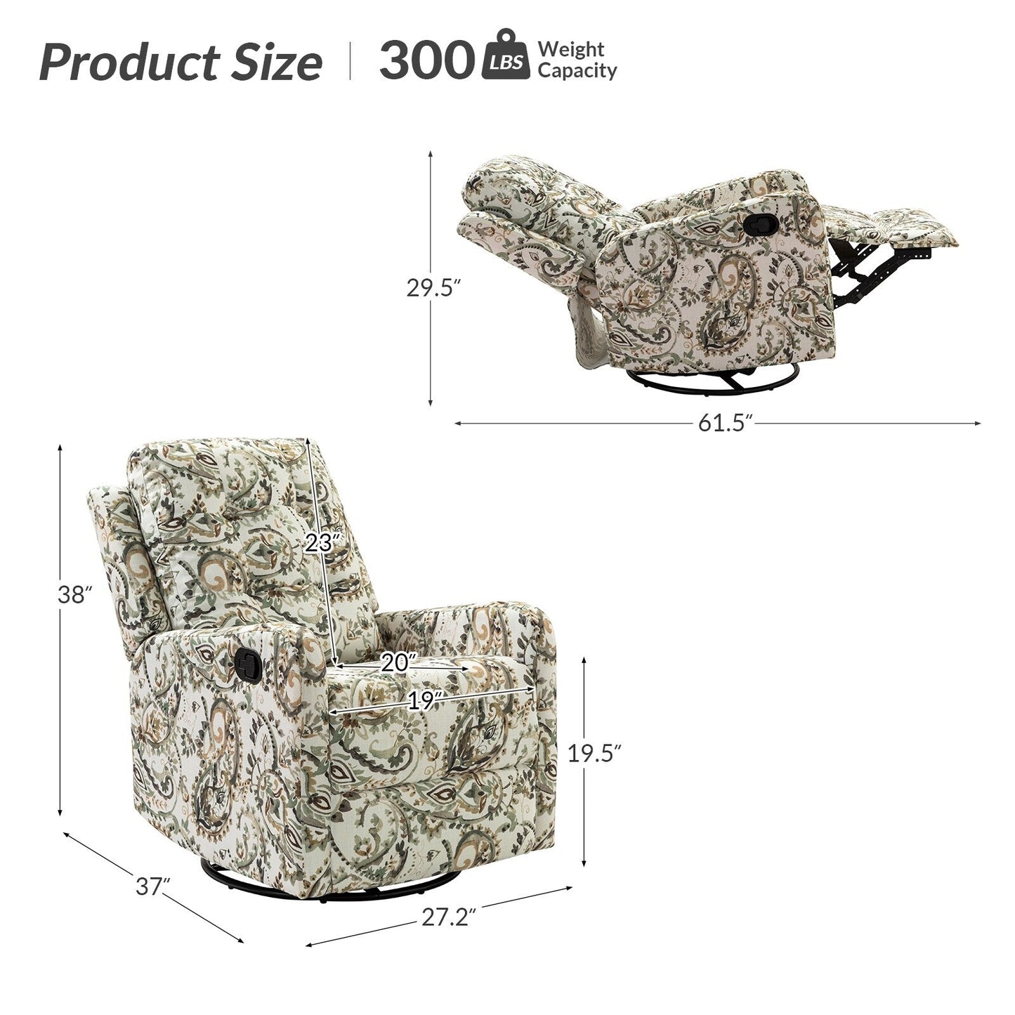 Fauteuil inclinable manuel pivotant Arlette à motif floral contemporain avec dossier capitonné