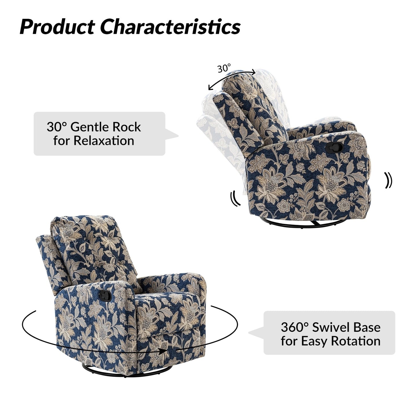 Fauteuil inclinable manuel pivotant Arlette à motif floral contemporain avec dossier capitonné