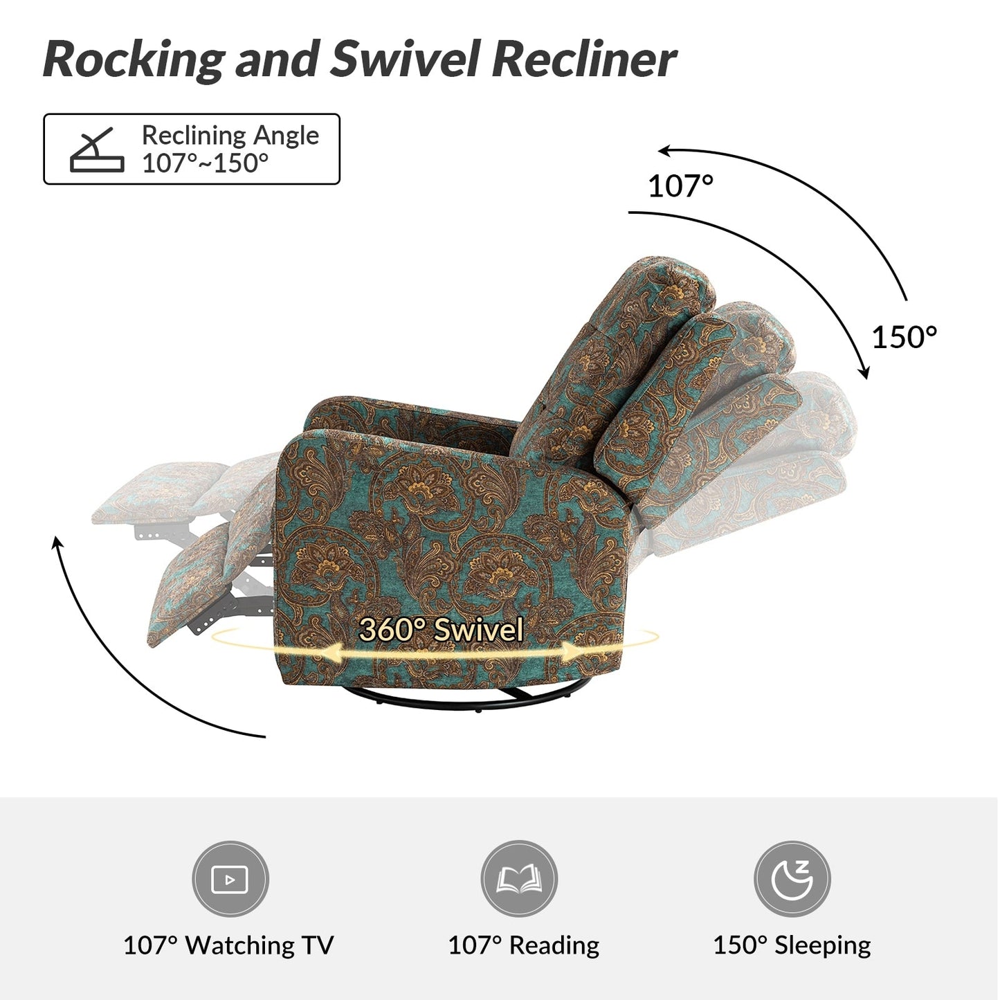 Fauteuil inclinable manuel pivotant Arlette à motif floral contemporain avec dossier capitonné