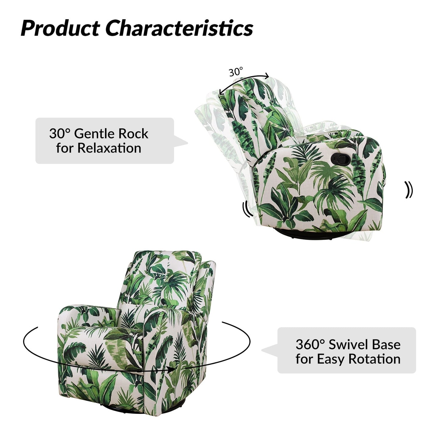 Fauteuil inclinable manuel pivotant Arlette à motif floral contemporain avec dossier capitonné