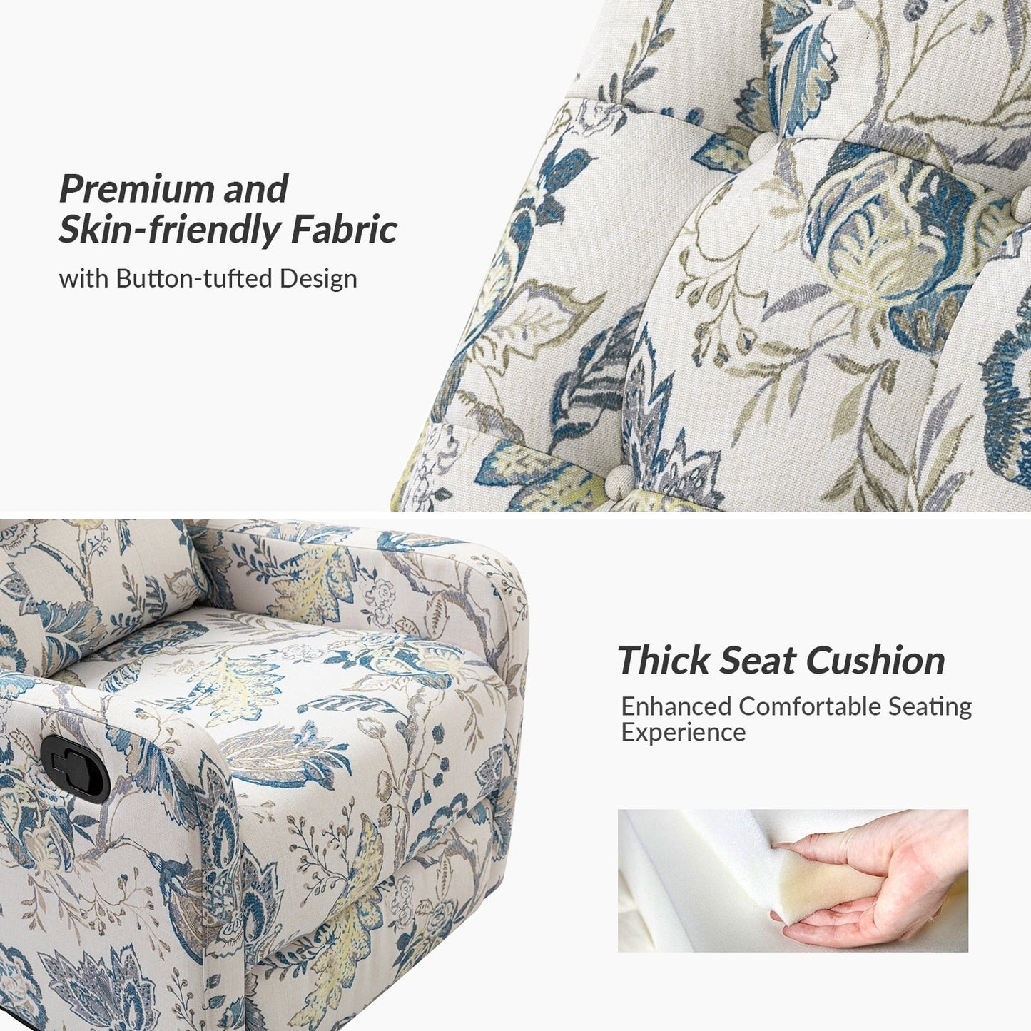 Fauteuil inclinable manuel pivotant Arlette à motif floral contemporain avec dossier capitonné