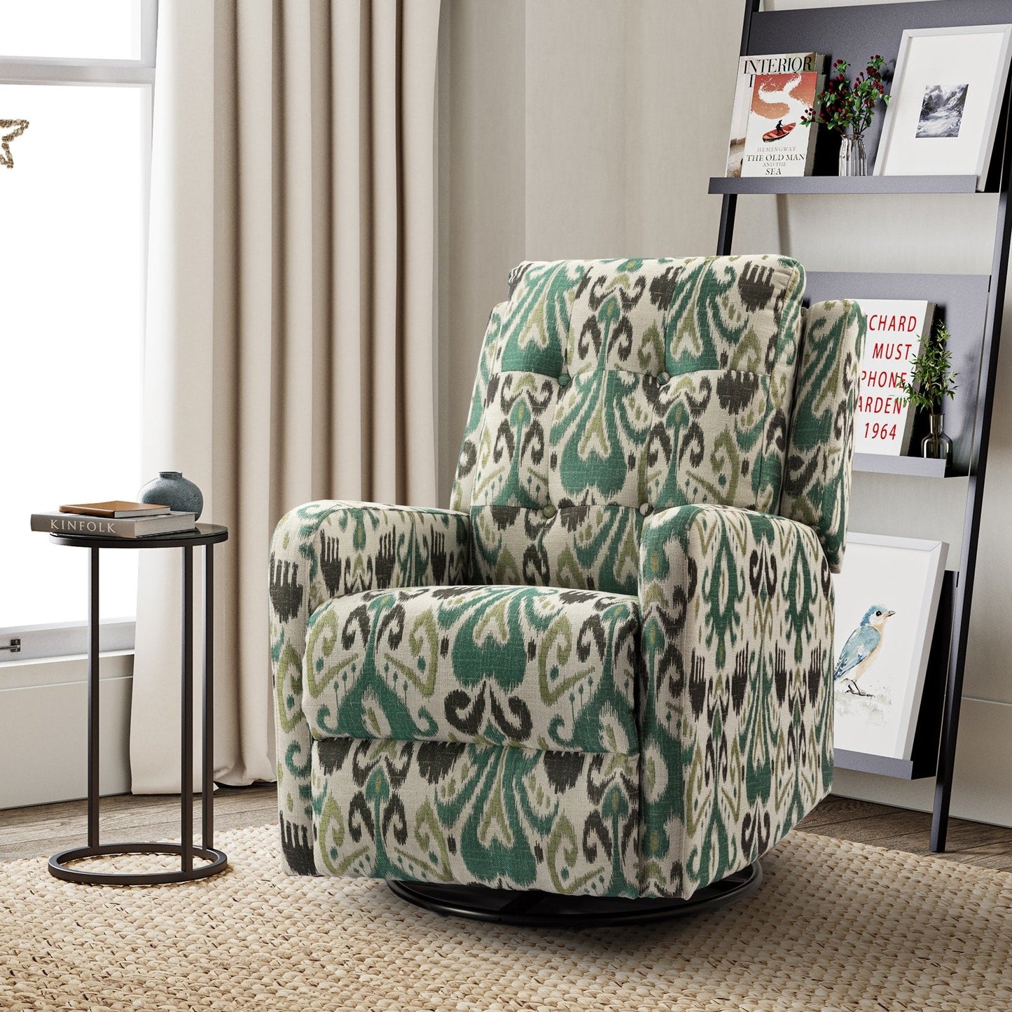 Fauteuil inclinable manuel pivotant Arlette à motif floral contemporain avec dossier capitonné