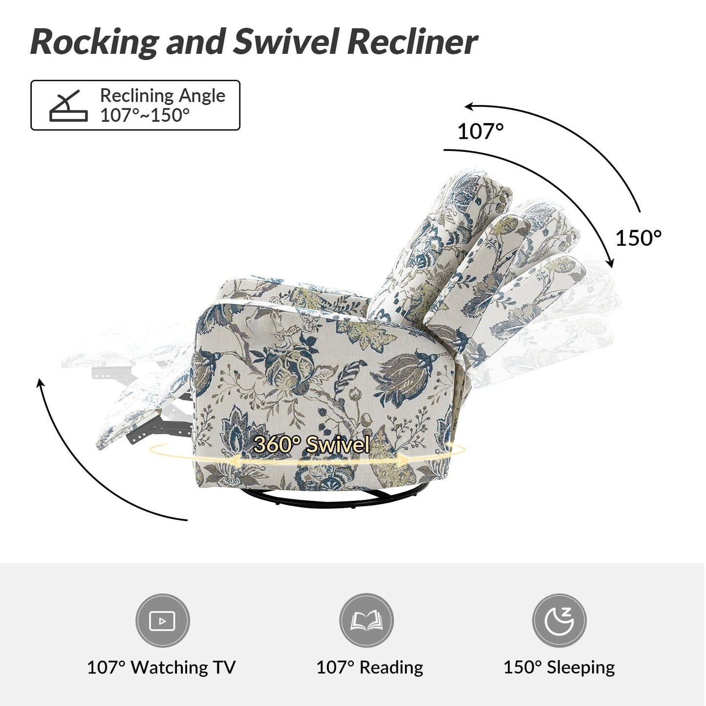 Fauteuil inclinable manuel pivotant Arlette à motif floral contemporain avec dossier capitonné