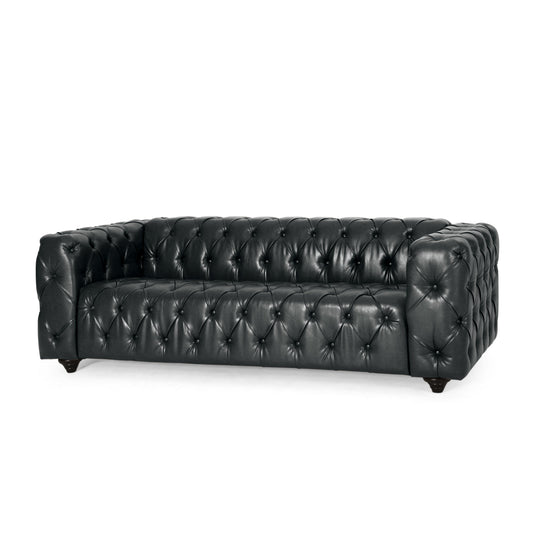 Canapé Arlo, Chesterfield capitonné, revêtement en similicuir noir, bois, 84 pouces