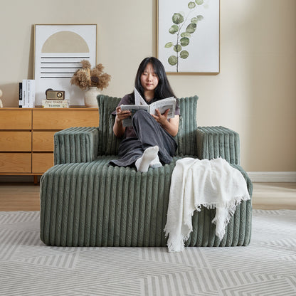 Fauteuil de salon moderne en velours côtelé vert armée de 62,5 po avec 2 coussins