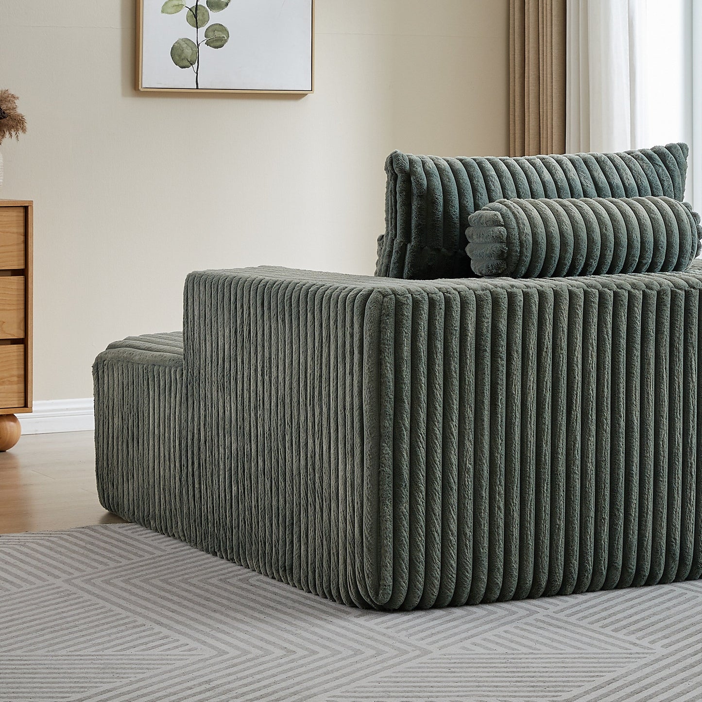 Fauteuil de salon moderne en velours côtelé vert armée de 62,5 po avec 2 coussins