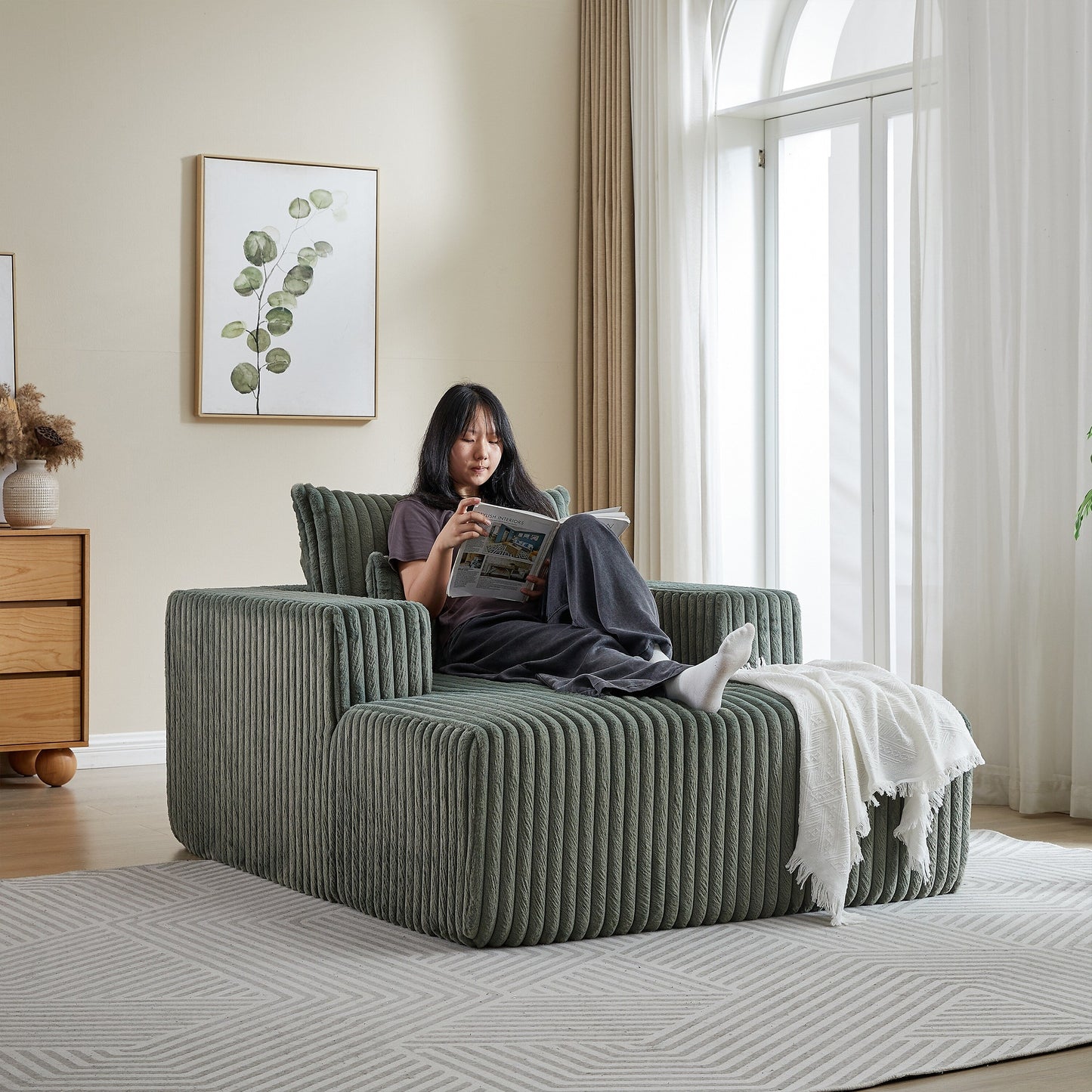 Fauteuil de salon moderne en velours côtelé vert armée de 62,5 po avec 2 coussins