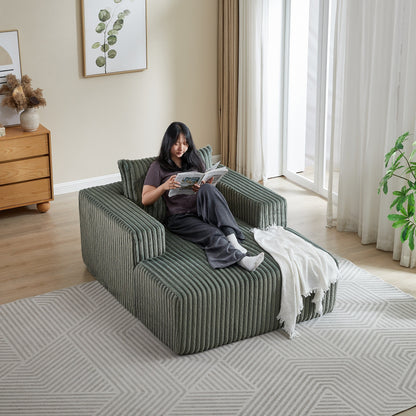 Fauteuil de salon moderne en velours côtelé vert armée de 62,5 po avec 2 coussins