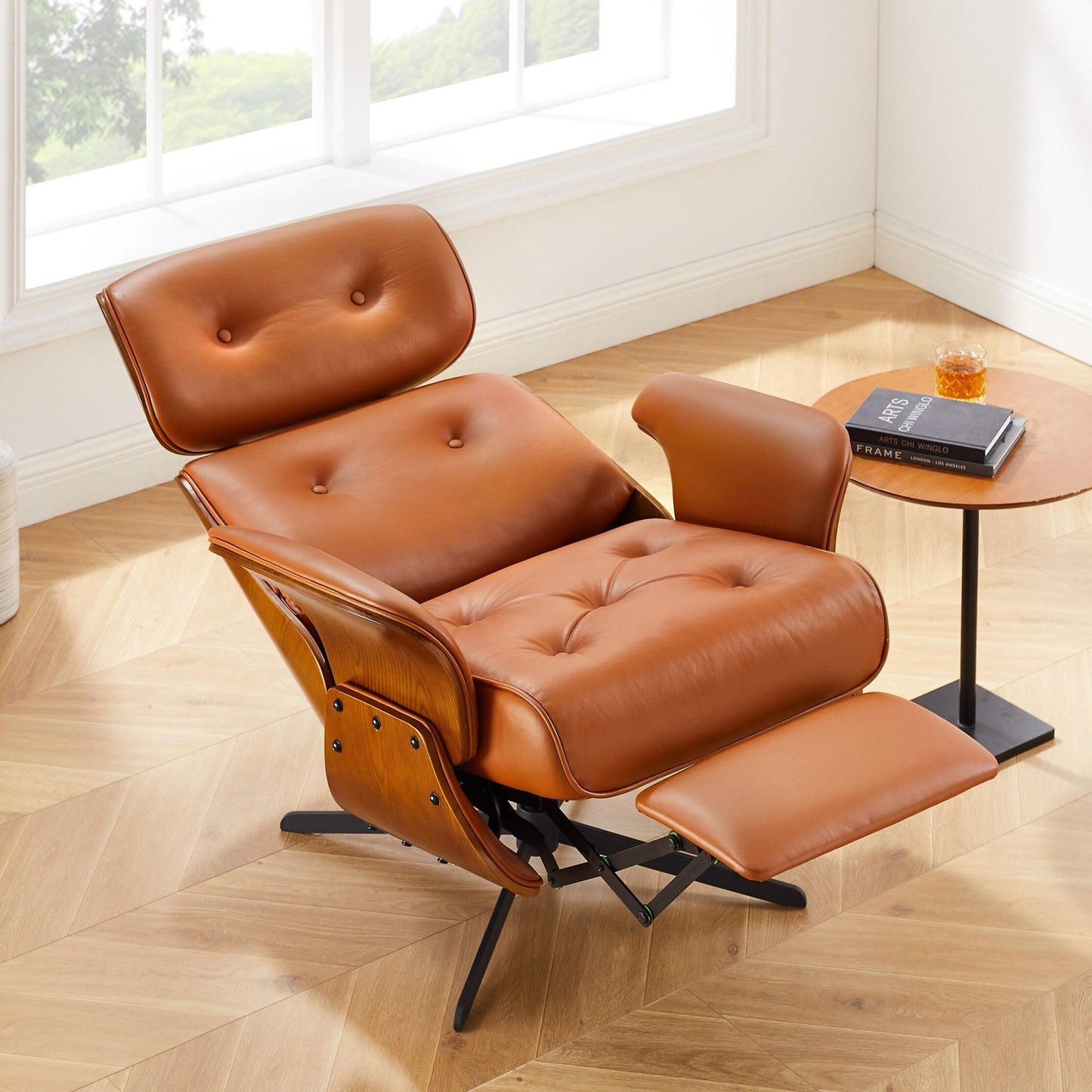 Fauteuil inclinable en cuir véritable Art Leon de style milieu du siècle moderne