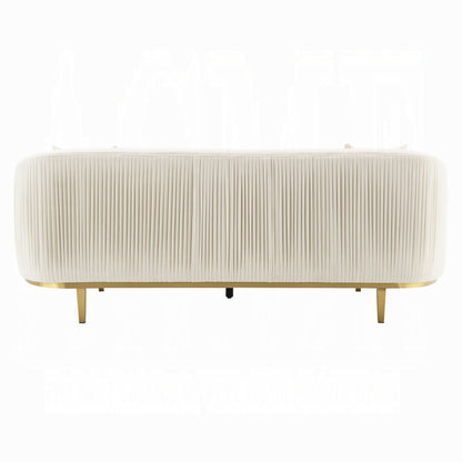 Canapé Artina, 2 coussins décoratifs, velours ivoire, métal doré, 226 cm