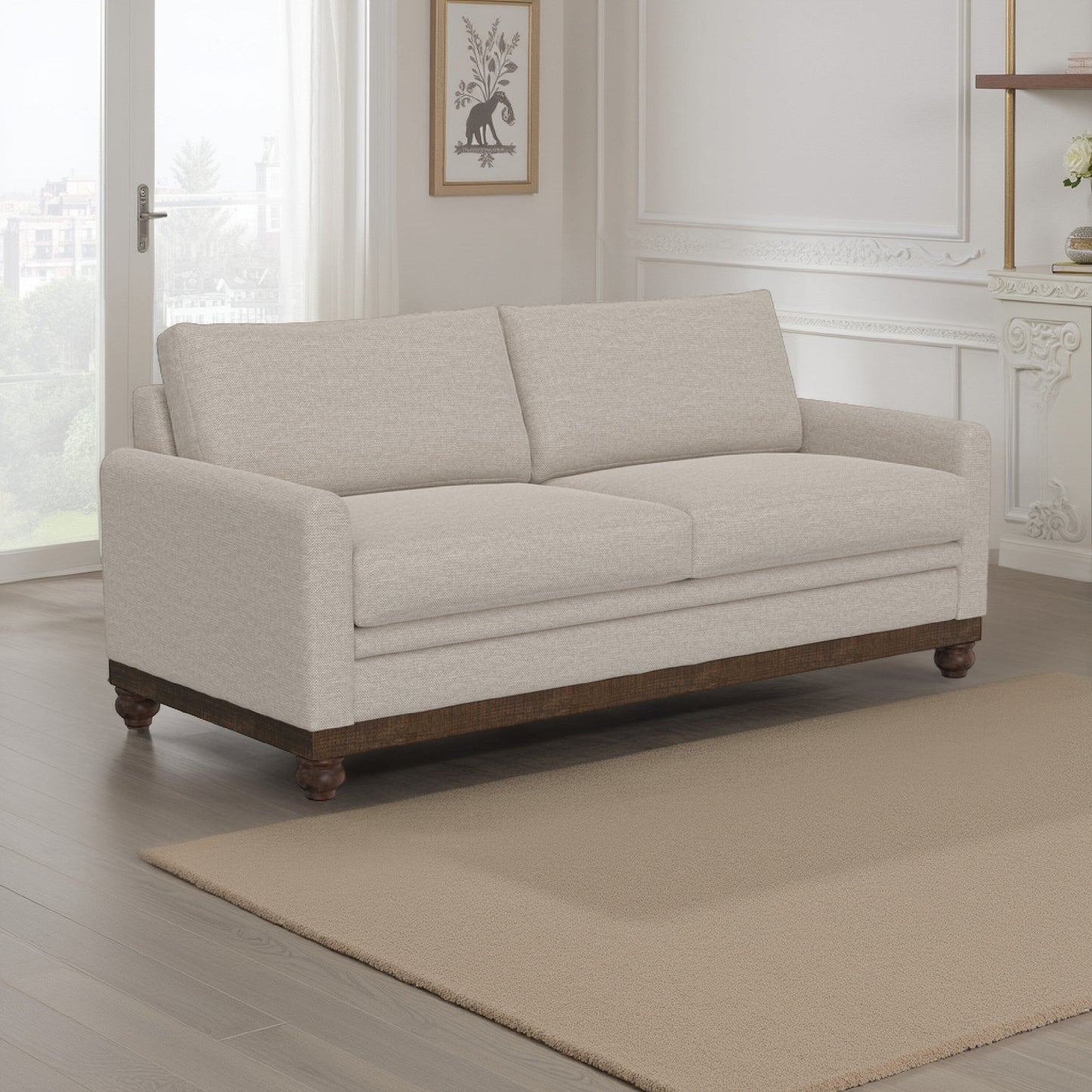 Canapé Ata, polyester beige, 2 coussins, structure en bois massif marron, 218 cm