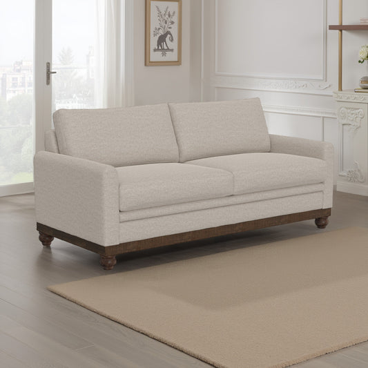 Canapé Ata, polyester beige, 2 coussins, structure en bois massif marron, 218 cm