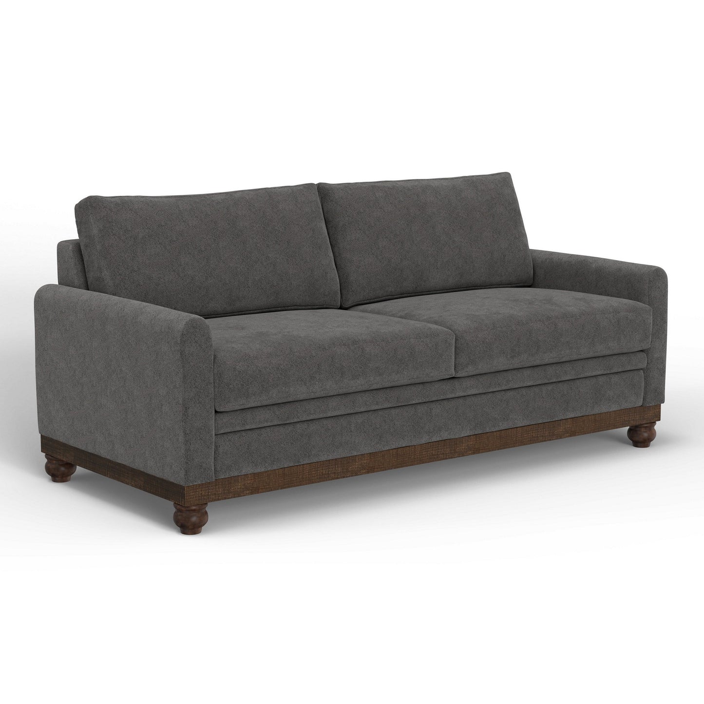 Canapé Ata, polyester gris fer, 2 coussins décoratifs, bois massif marron, 218 cm