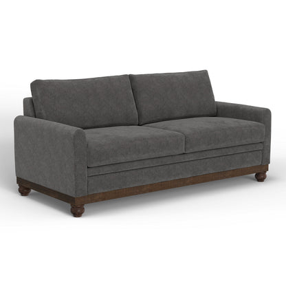 Canapé Ata, polyester gris fer, 2 coussins décoratifs, bois massif marron, 218 cm