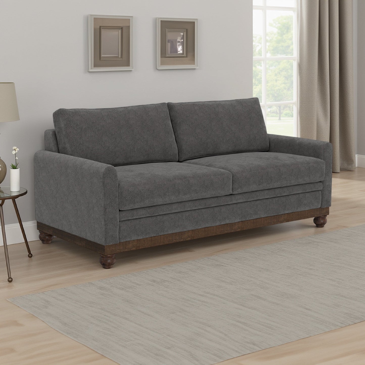 Canapé Ata, polyester gris fer, 2 coussins décoratifs, bois massif marron, 218 cm