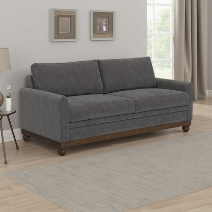 Canapé Ata, polyester gris fer, 2 coussins décoratifs, bois massif marron, 218 cm