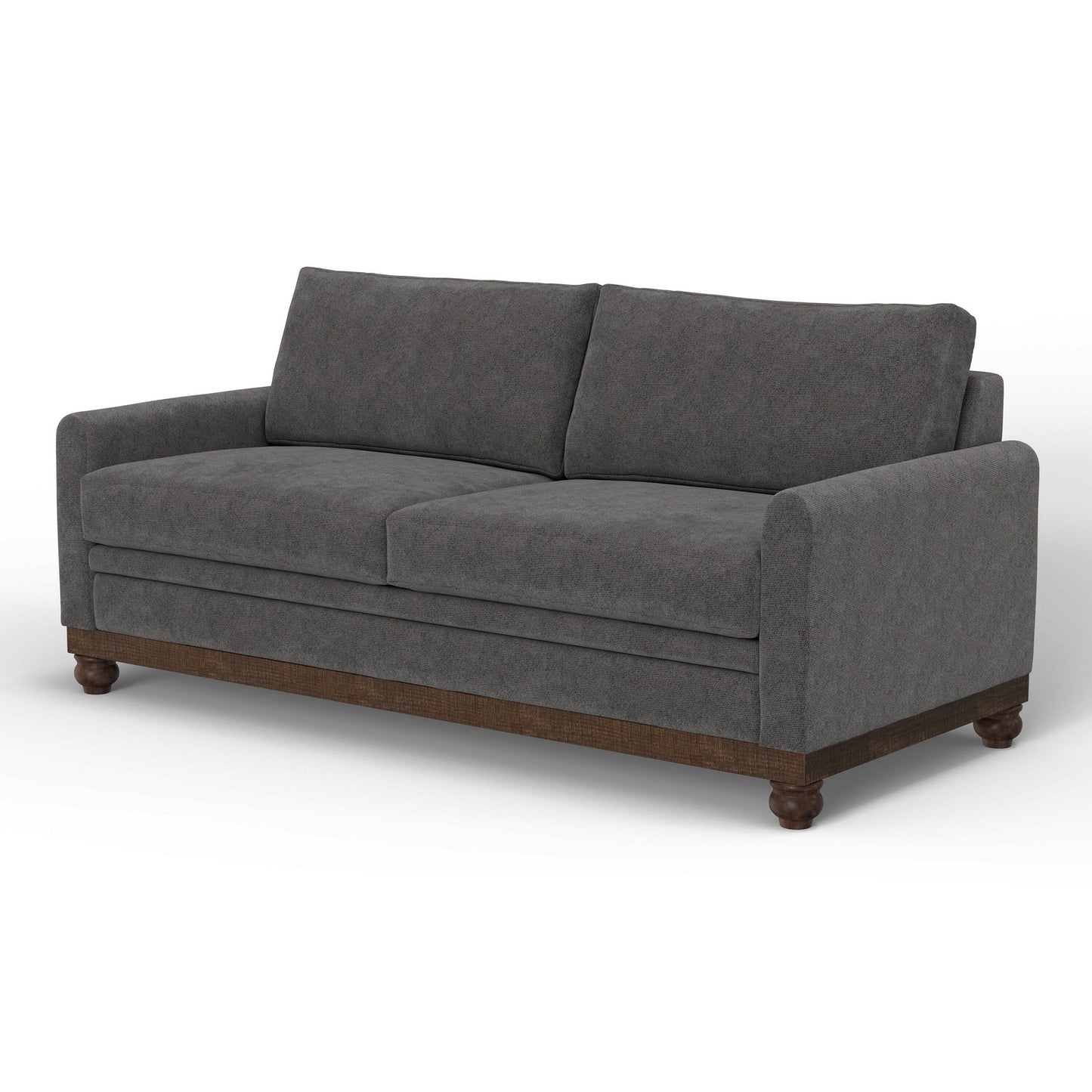 Canapé Ata, polyester gris fer, 2 coussins décoratifs, bois massif marron, 218 cm