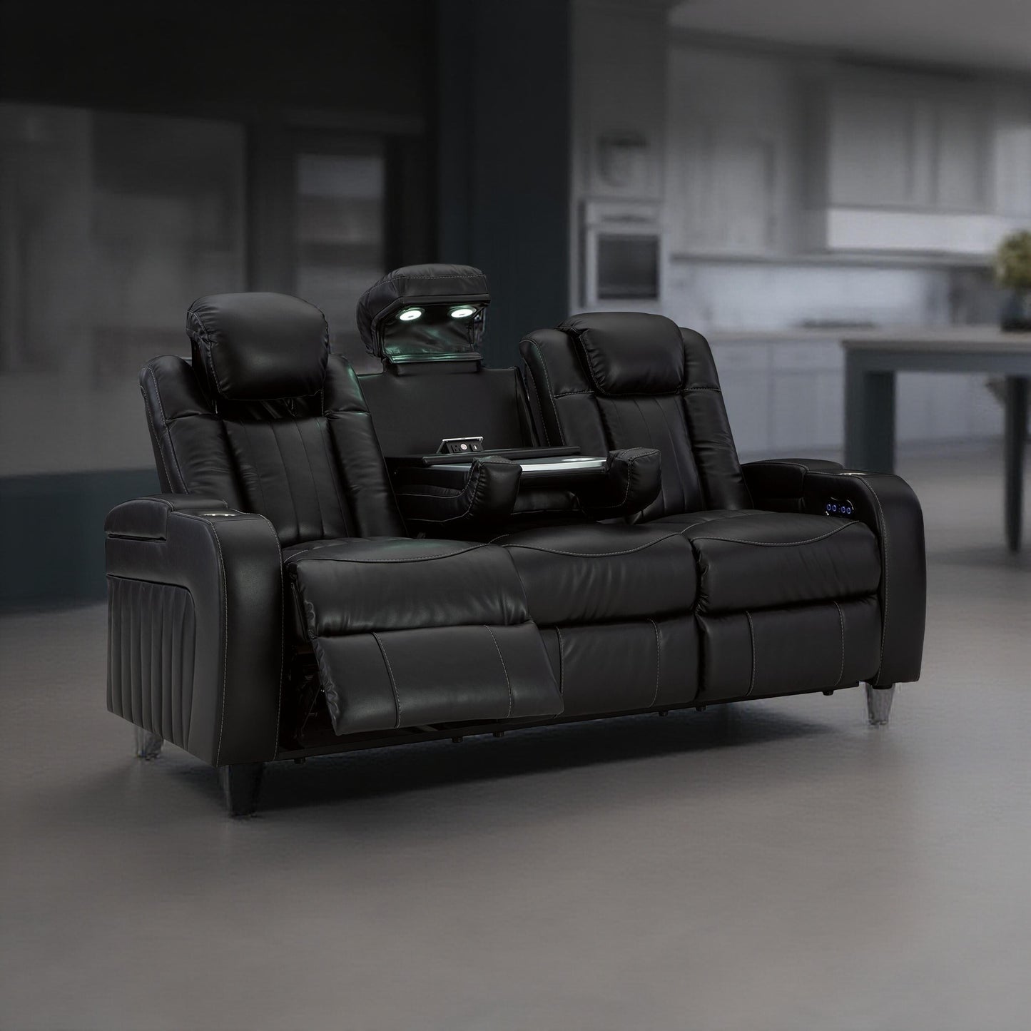 Canapé inclinable électrique Aven, LED, similicuir bleu nuit, 86 pouces