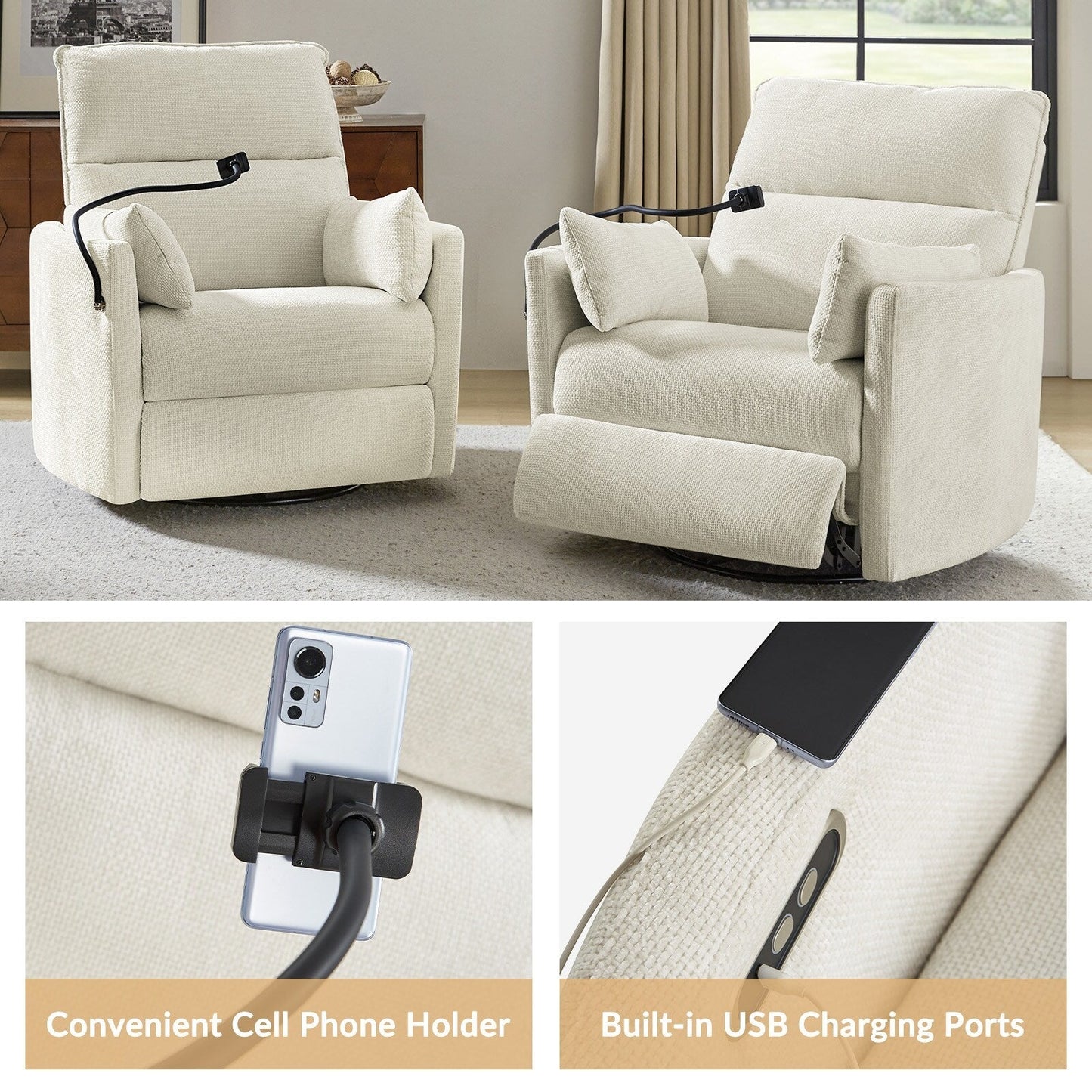 Fauteuil inclinable pivotant et électrique Barry Modern 38 pouces avec ports USB par HULALA HOME