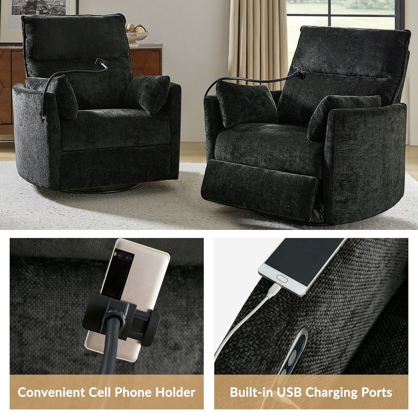 Fauteuil inclinable pivotant et électrique Barry Modern 38 pouces avec ports USB par HULALA HOME