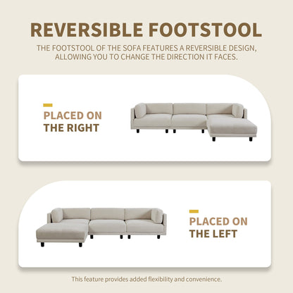 Canapé d'angle en polyester beige 102,4 pouces avec repose-pieds réversible, coussins épais et pieds en plastique