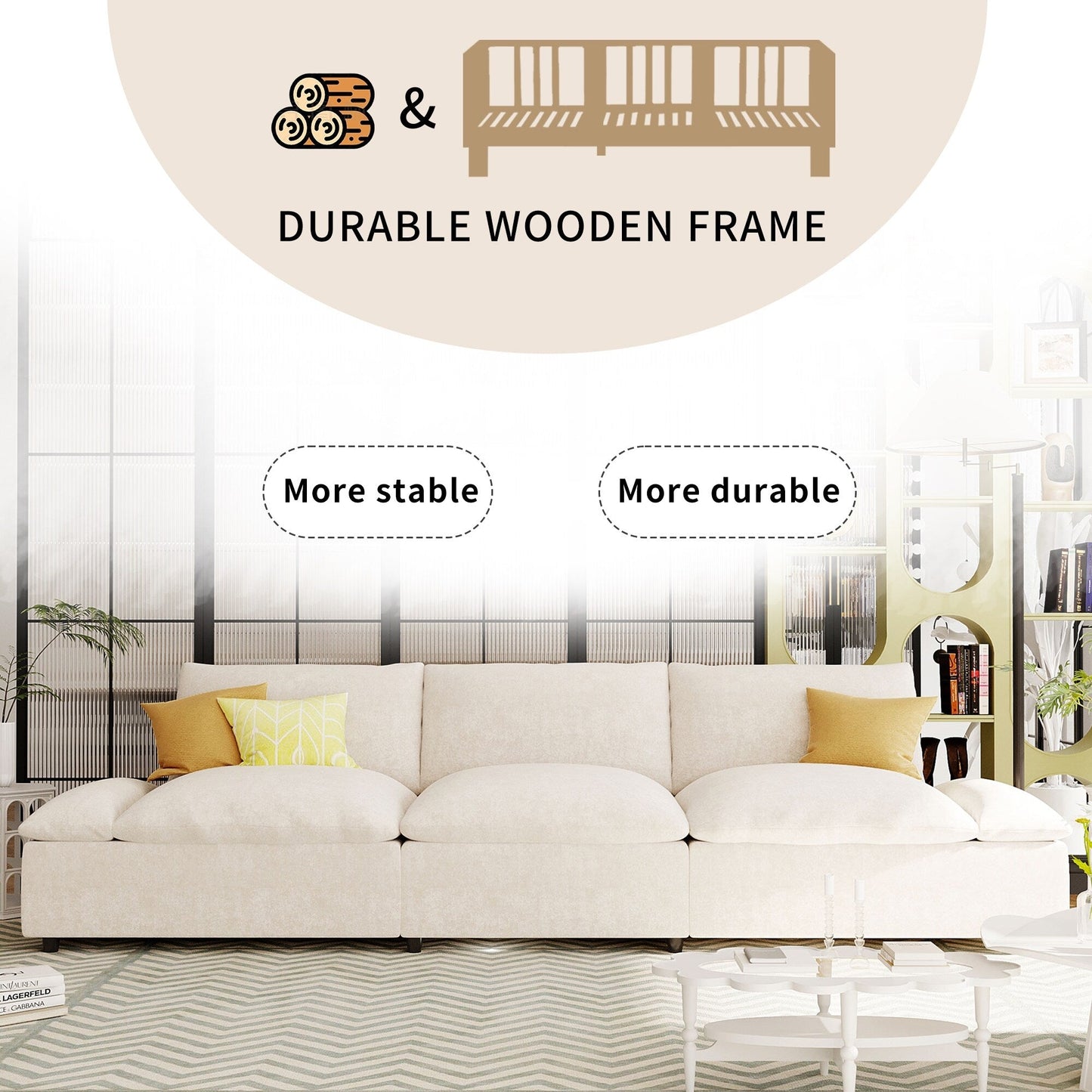 Canapé 3 places beige 119,5" en polyester avec 2 rangements et pieds en bois d'hévéa pour le salon