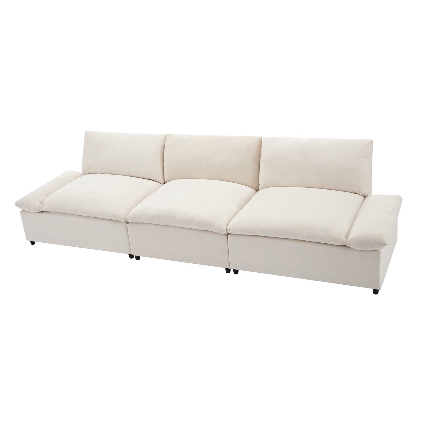 Canapé 3 places beige 119,5" en polyester avec 2 rangements et pieds en bois d'hévéa pour le salon