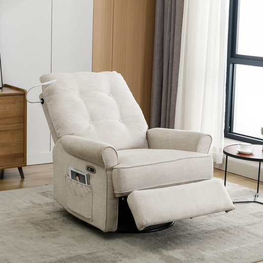 Fauteuil inclinable pivotant beige à 270° avec ports USB, lampe tactile, poche de rangement latérale et base basculante