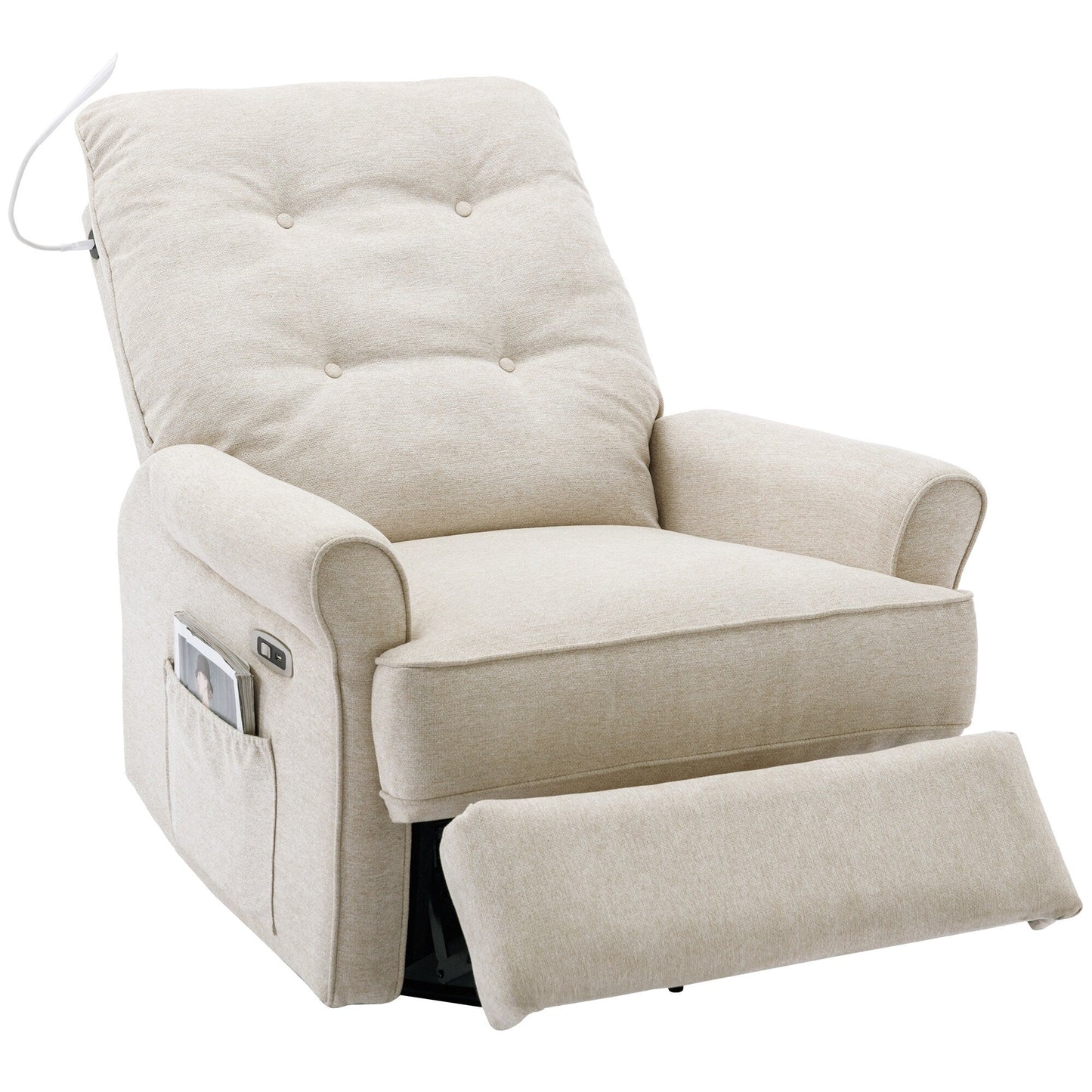 Fauteuil inclinable pivotant à 270° beige avec ports de chargement USB, lampe tactile, base à bascule et poche de rangement latérale