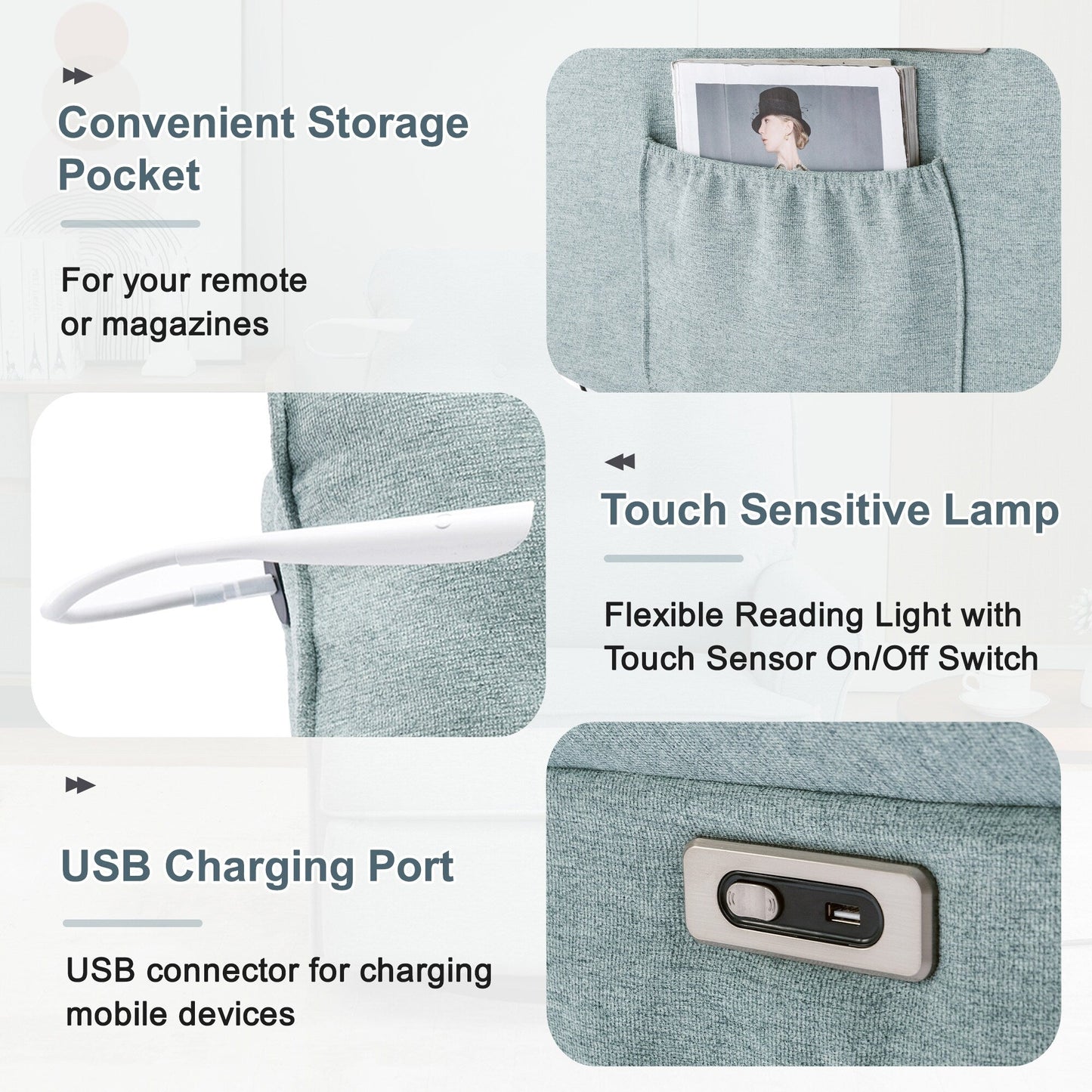 Fauteuil inclinable pivotant à 270° beige avec ports de chargement USB, lampe tactile, base à bascule et poche de rangement latérale