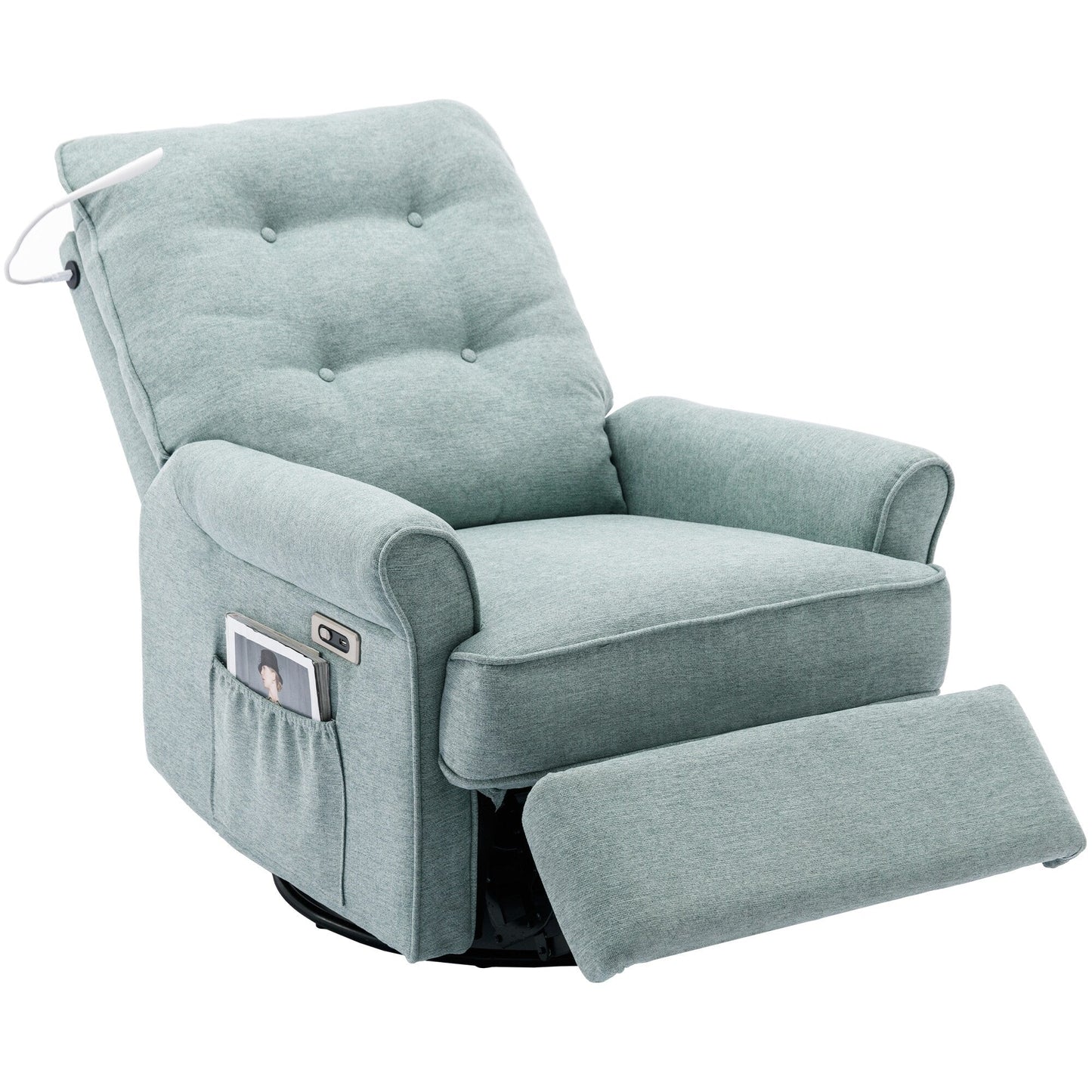 Fauteuil inclinable pivotant à 270° beige avec ports de chargement USB, lampe tactile, base à bascule et poche de rangement latérale