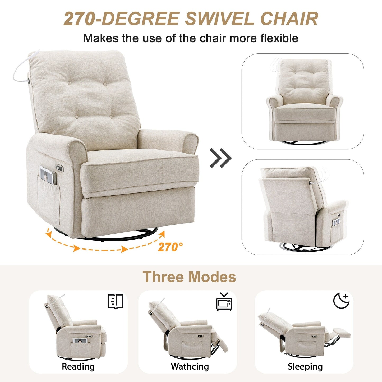 Fauteuil inclinable pivotant à 270° beige avec ports USB, base basculante, poche latérale et lampe tactile pour salon/chambre