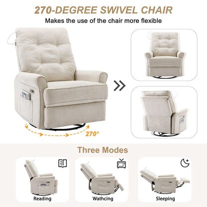 Fauteuil inclinable pivotant à 270° beige avec ports USB, base basculante, poche latérale et lampe tactile pour salon/chambre