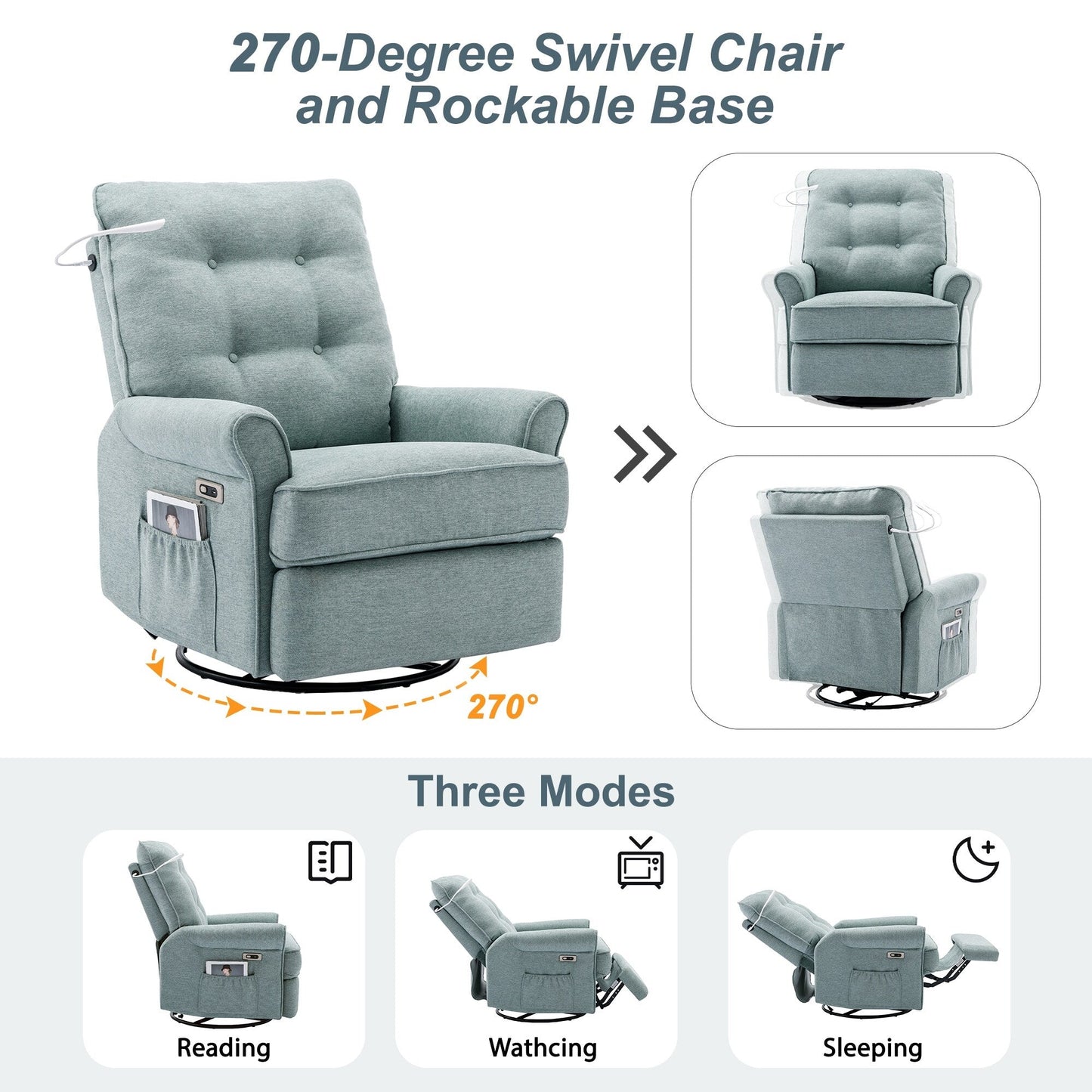 Fauteuil inclinable pivotant à 270° beige avec ports USB, base basculante, poche latérale et lampe tactile pour salon ou chambre