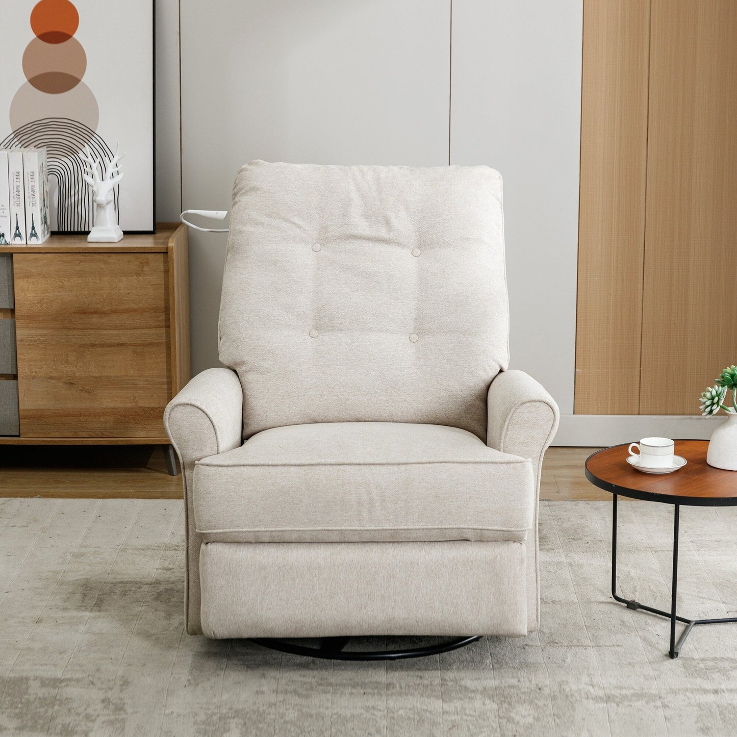 Fauteuil inclinable pivotant à 270° beige avec ports USB, base à bascule, poche latérale et lampe tactile pour un usage domestique