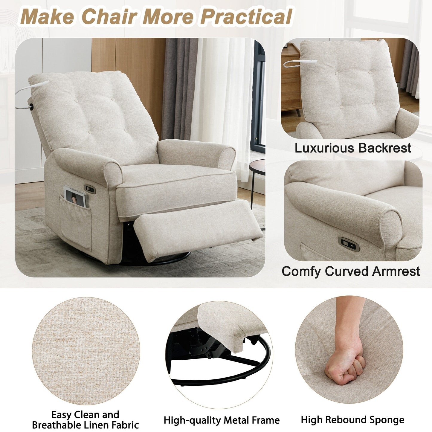 Fauteuil inclinable pivotant à 270° beige avec ports USB, lampe tactile, poche de rangement latérale et base à bascule