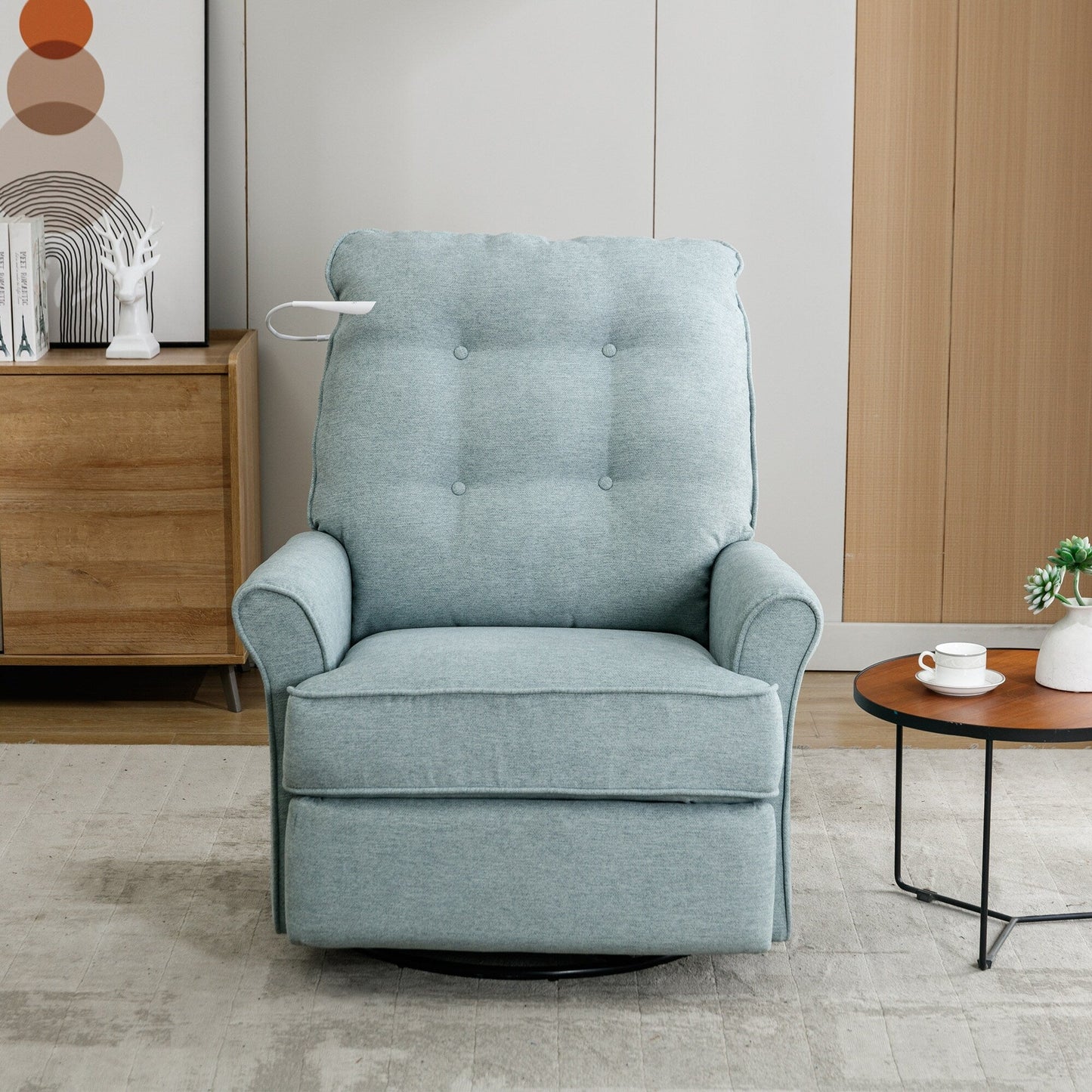 Fauteuil inclinable pivotant à 270° beige avec ports USB, lampe tactile, poche de rangement latérale et base à bascule