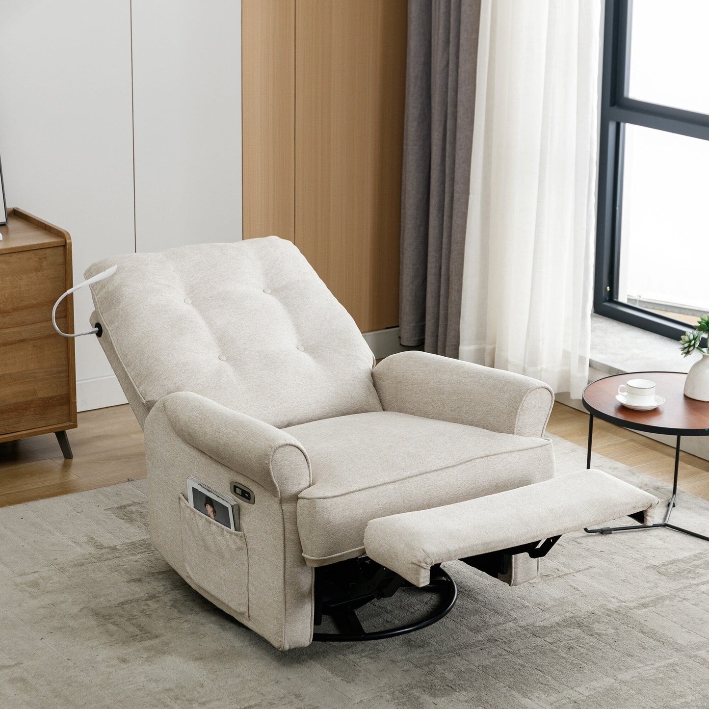 Fauteuil inclinable pivotant à 270° beige avec port USB, base à bascule et poche latérale