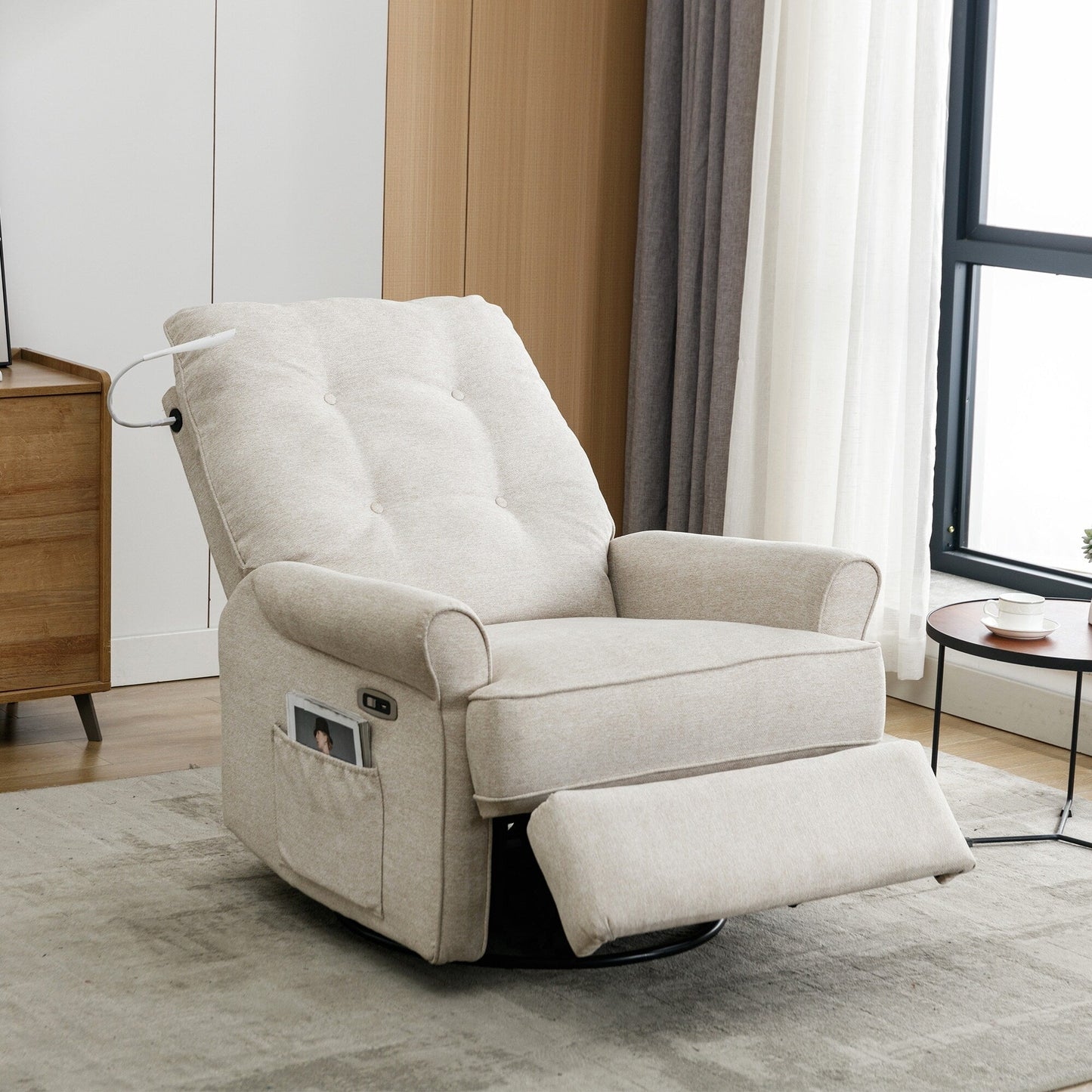 Fauteuil inclinable pivotant à 270° beige avec port USB, base à bascule et poche latérale