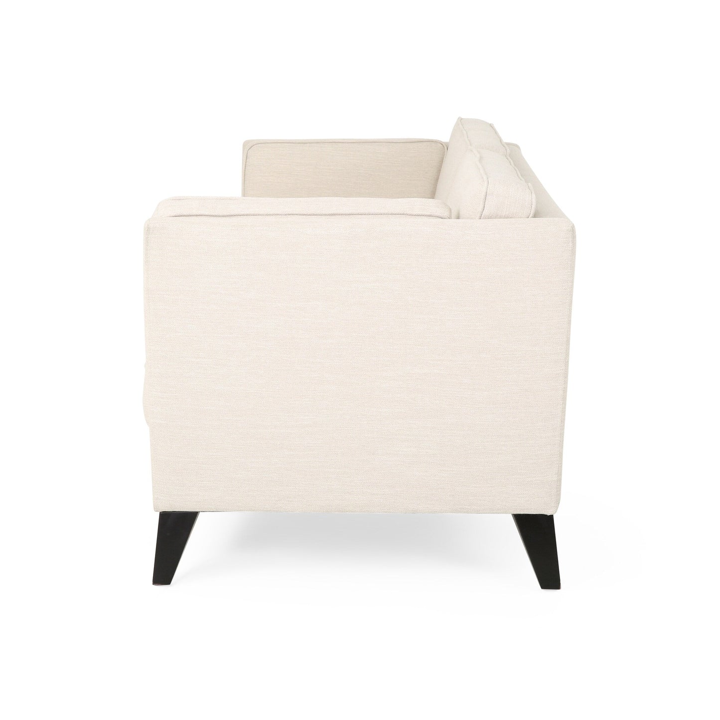 Canapé 3 places beige avec pieds en bois de bouleau et coussins latéraux