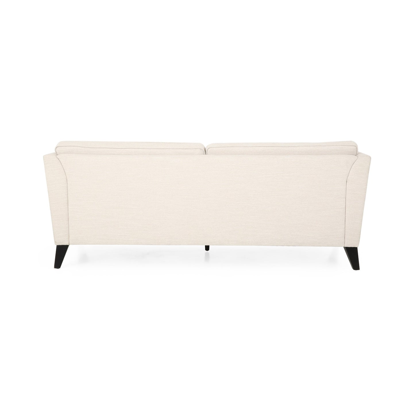 Canapé 3 places beige avec pieds en bois de bouleau et coussins latéraux