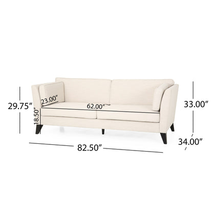 Canapé 3 places beige avec pieds en bois de bouleau et coussins latéraux